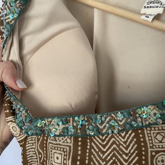 Sangria Vintage low waist Bohemian Brown Dress Beaded V-Neck Ruffled sleeve 10 - Picture 9 of 10